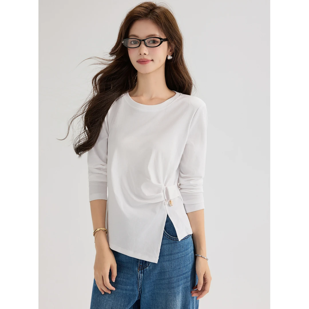 春秋不规则长袖T恤女士白色圆领褶皱开叉收腰显瘦打底衫别致上衣