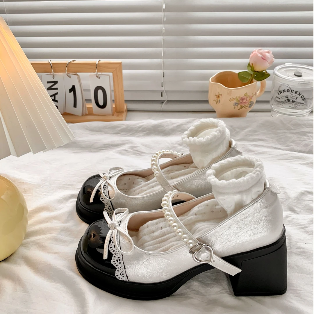 法式珍珠蝴蝶结浅口玛丽珍鞋女2026春秋新款爆款圆头厚底jk小皮鞋