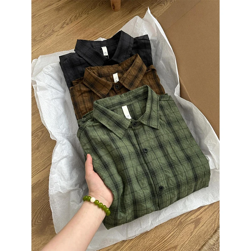 美式复古绿色格子短袖衬衫男夏季慵懒松弛感衬衣休闲宽松防晒外套