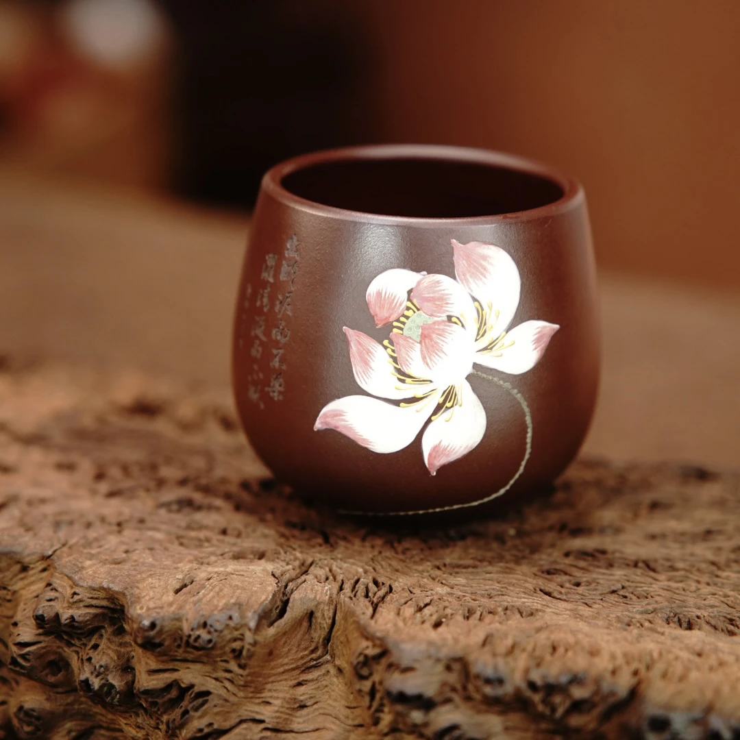 宜兴正宗原矿紫砂纯手工家用大容量主人杯石红荷花堆绘紫砂杯