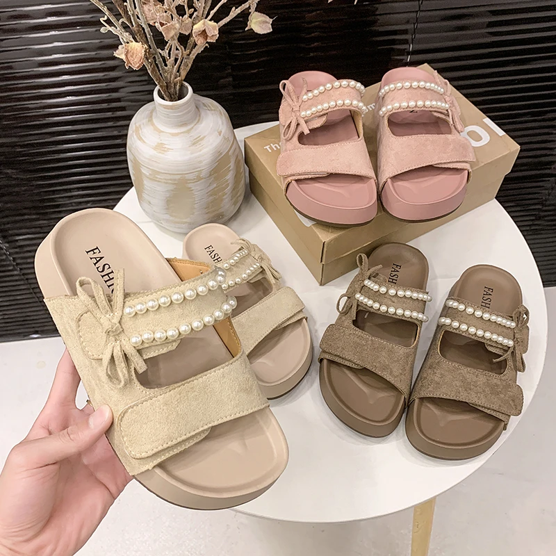 厚底超火珍珠魔术贴勃肯凉拖鞋女夏季外穿时尚2025新款海边沙滩鞋