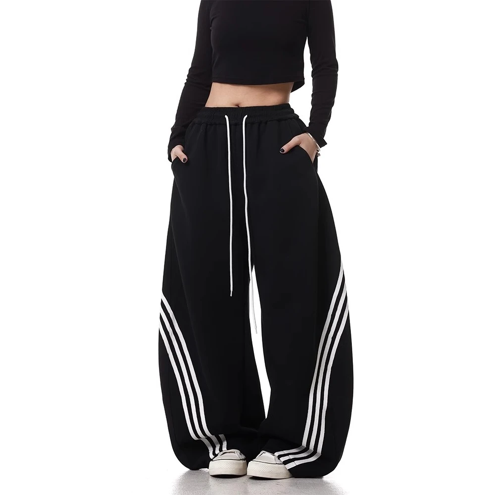 美式复古街头三条杠阔腿弯刀卫裤男女宽松直筒条纹运动裤夏季薄款