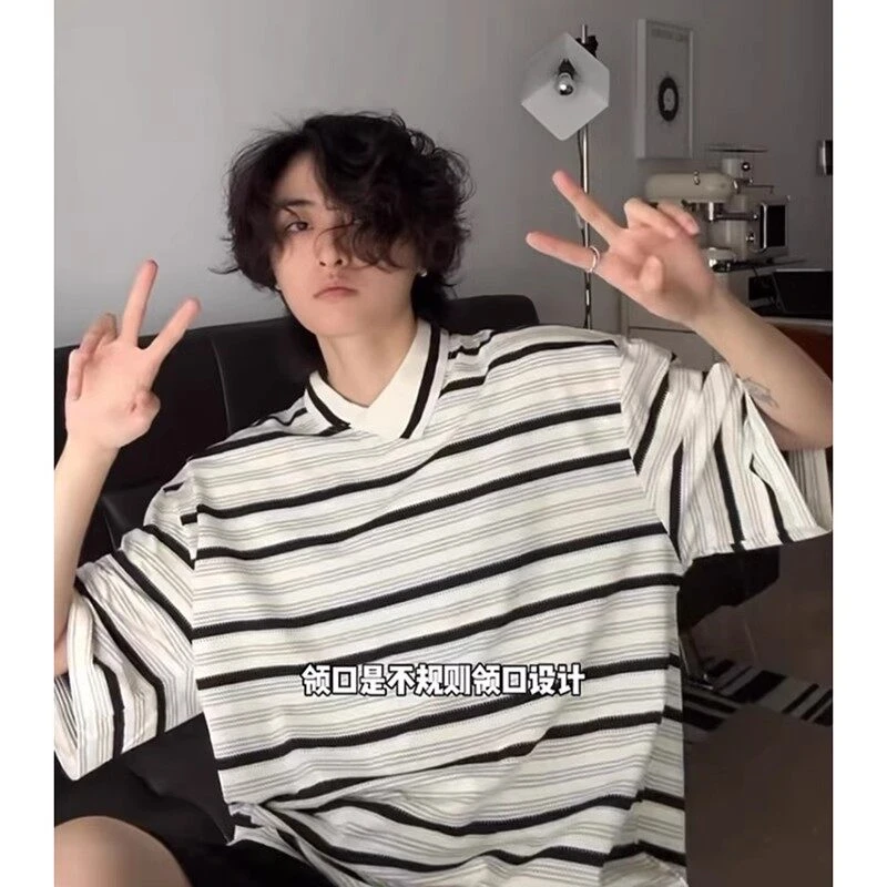 美式不规则斜领polo衫短袖男夏季设计感撞色条纹翻领t恤小众半袖