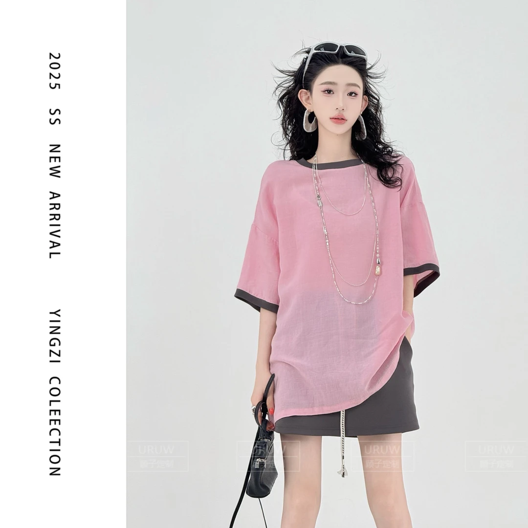 颖子定制【落日暮野】设计感撞色圆领T恤女夏季薄款宽松上衣 9718
