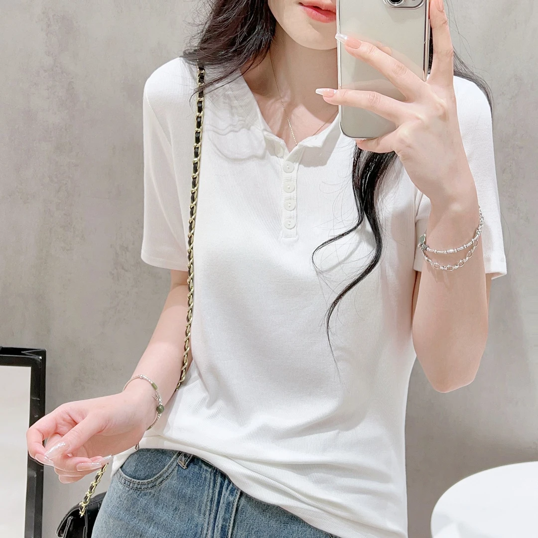 白色正肩短袖t恤2025夏季女装螺纹棉修身显瘦设计感小众韩系上衣