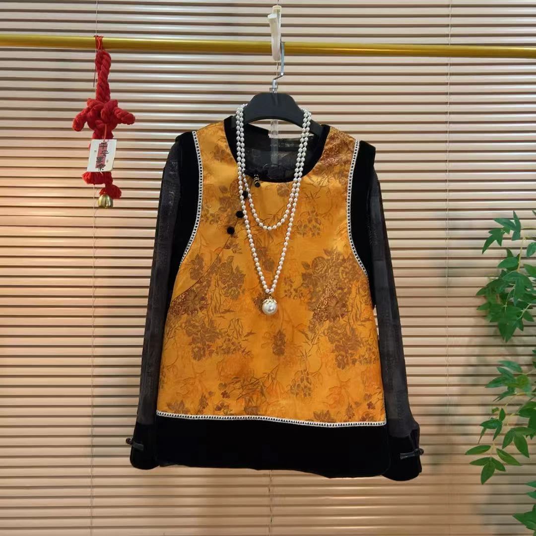 斜襟套头印花拼接马甲+微透打底胖YY2025秋季新款新中式国风套装