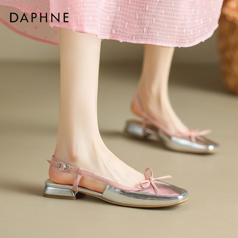 达芙妮包头凉鞋女款2025夏季新款法式方头浅口蝴蝶结低跟后空单鞋