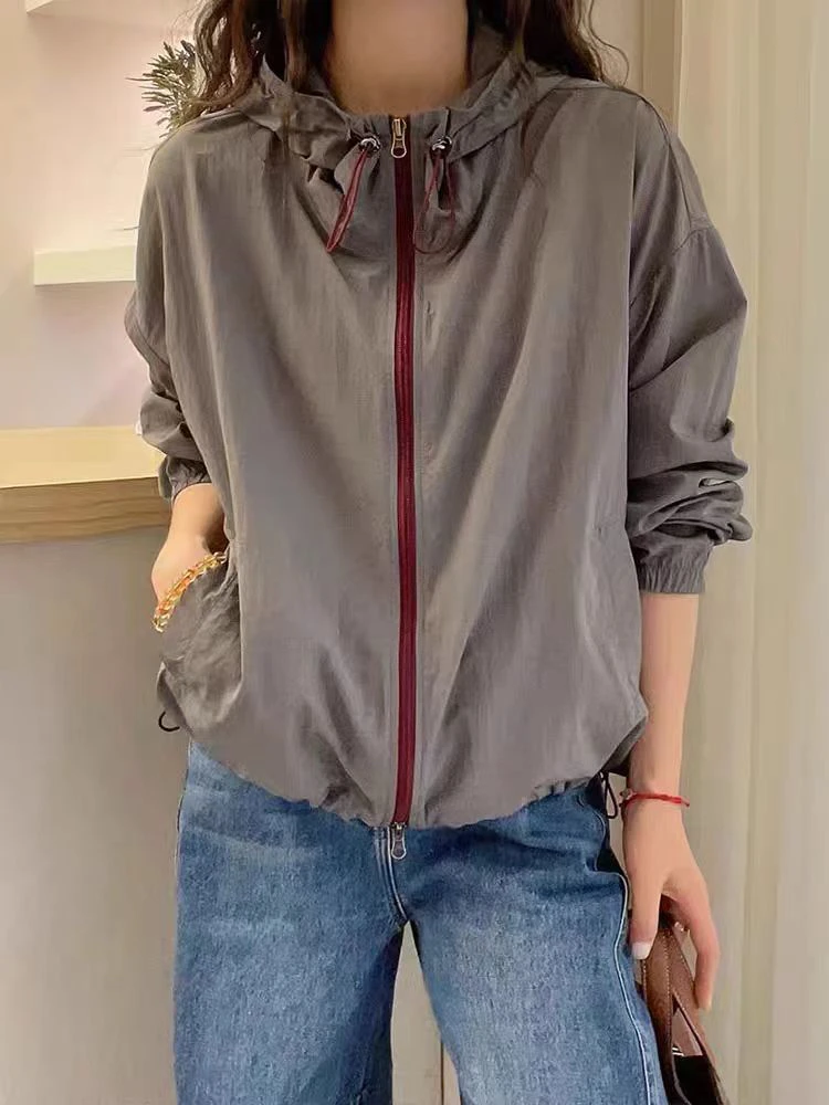 连帽时尚2025防晒衣运动女宽松短外套长袖休闲户外薄款带帽百搭