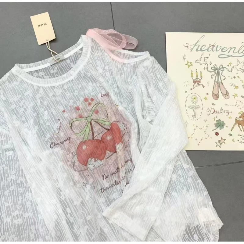 小雅姐姐  韩系甜美蝴蝶结樱桃印花蕾丝系带防晒罩衫长袖 IV81