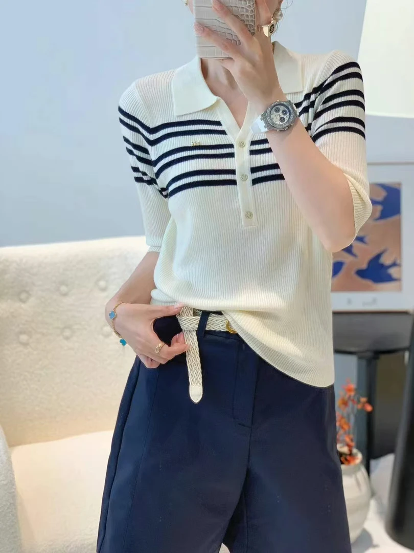 【直播间同价】夏季条纹v领短袖针织衫套头毛针织衫