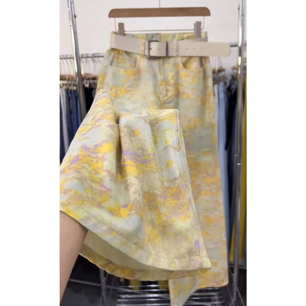 小众复古扎染印花阔腿牛仔裤女夏季新款高腰宽松显瘦瘦垂感直筒裤