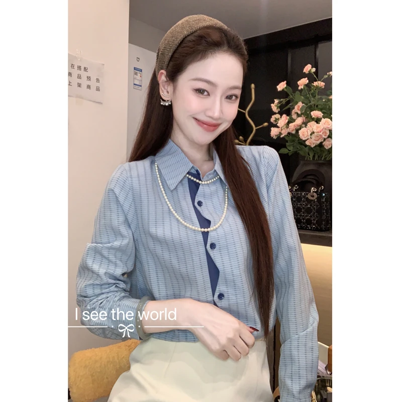 不规则拼色衬衣早秋装2025春秋港风复古百搭长袖衬衫宽松上衣1821