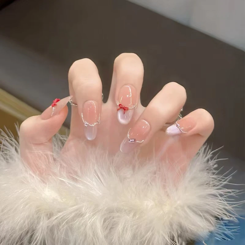 高级感水光猫眼珠链渐变少女蝴蝶结穿戴甲贴片