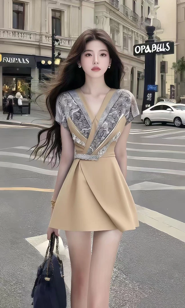 温柔知性风时尚高端大气卡其色V领收腰设计感连衣裙显瘦百搭女装