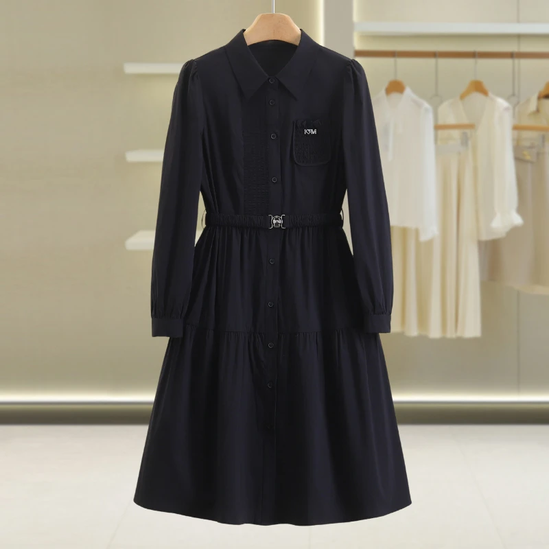伍莎服饰云仓【千】单排扣衬衫裙收腰纯色连衣裙新款