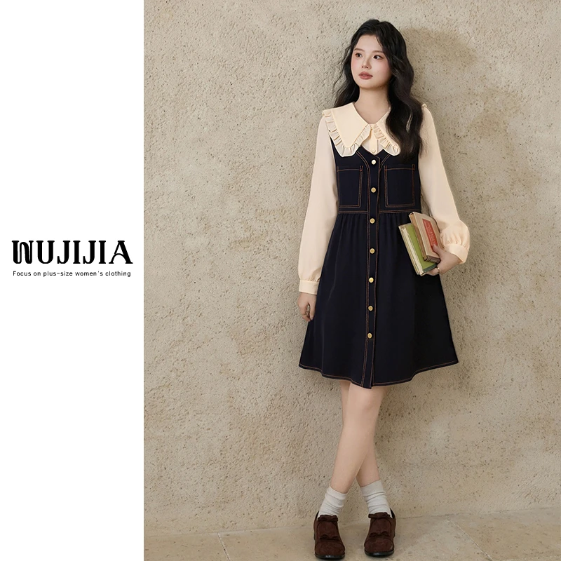 【五季家大码】设计感娃娃领假两件藏青色长/短款连衣裙裙子秋冬