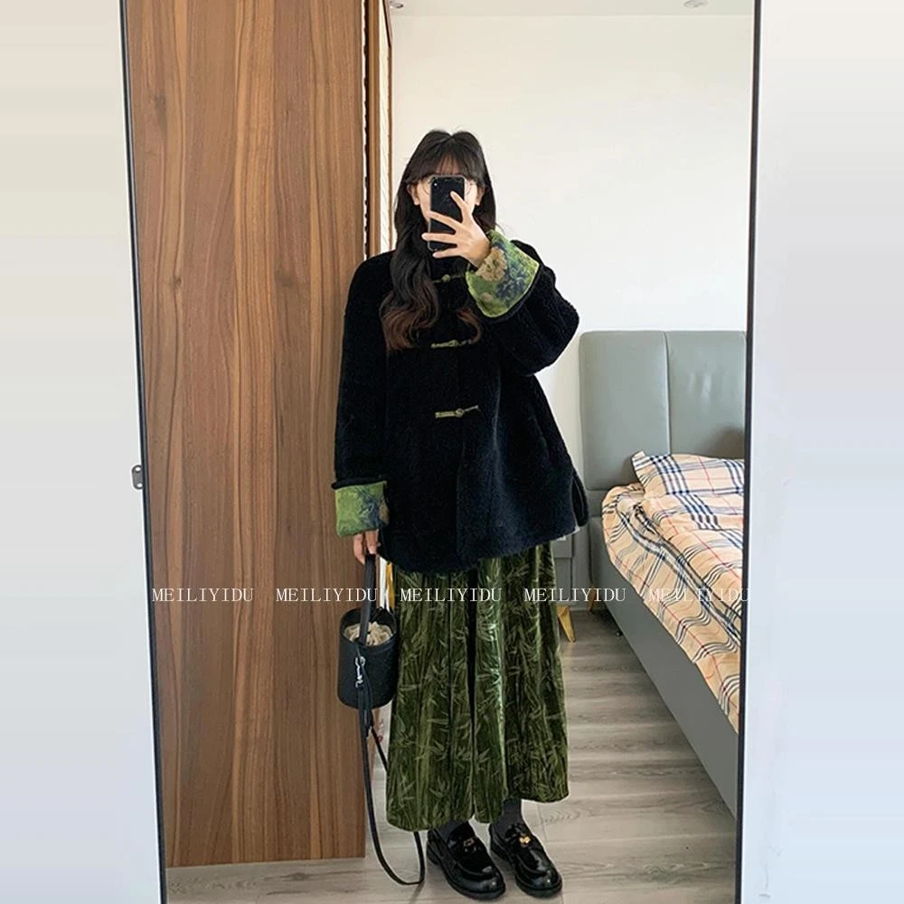 /定制 大码新中式国风撞色盘扣外套女秋冬绿色丝绒半身裙套装