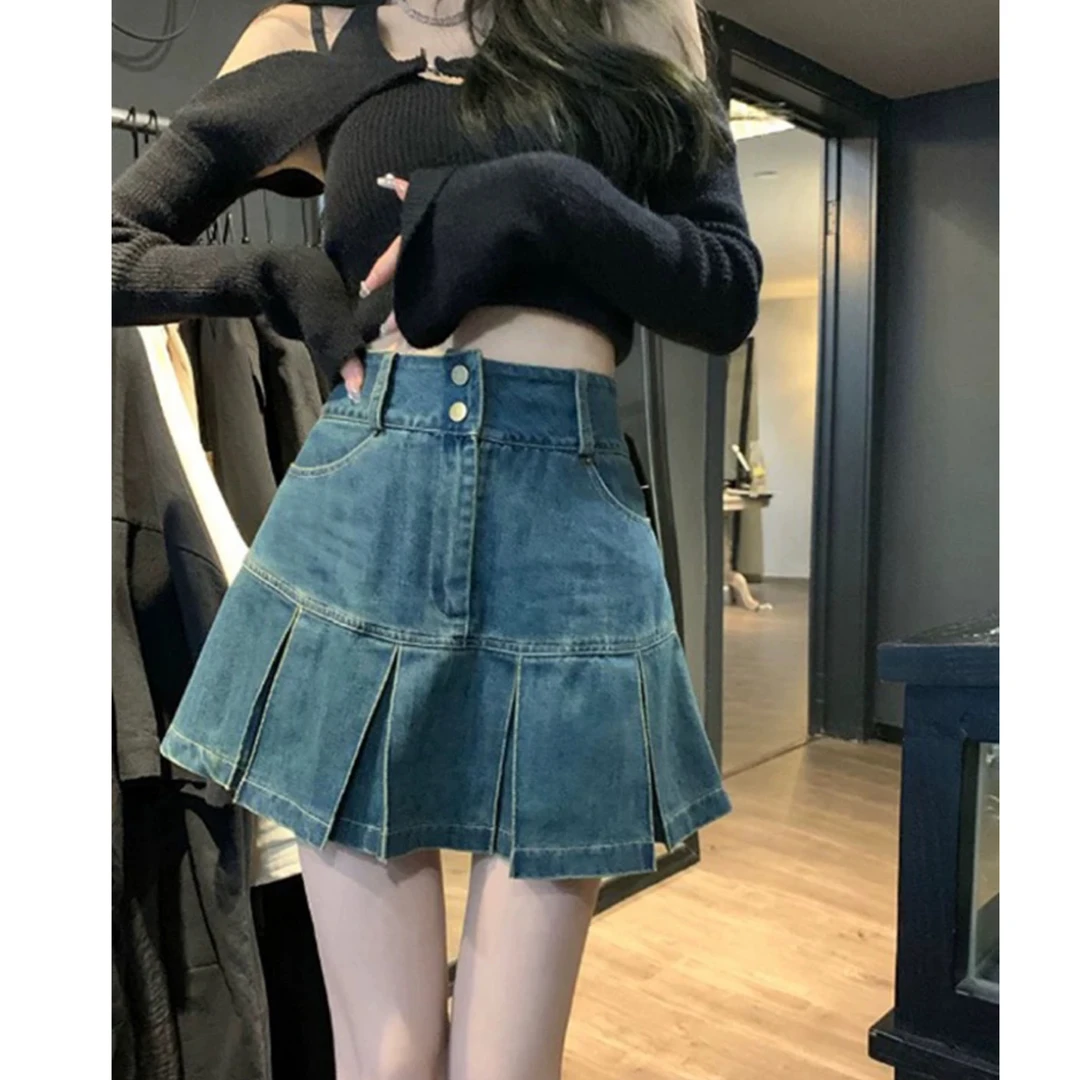 【比例美学】9237微胖mm高腰百褶牛仔半身裙遮肚显瘦设计感a字裙