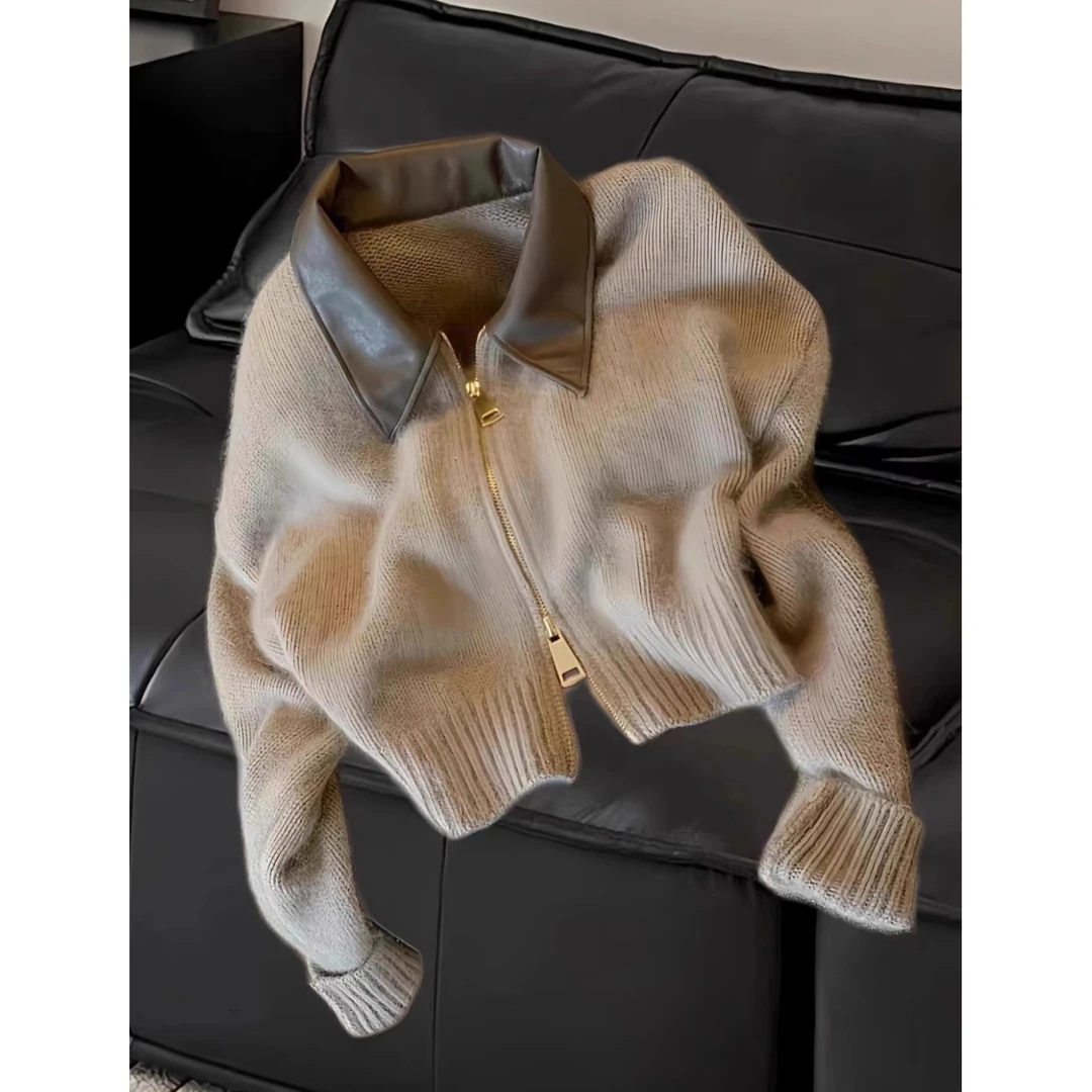 初秋双拉链毛衣女2025秋新款时尚翻领慵懒风软糯针织开衫外套