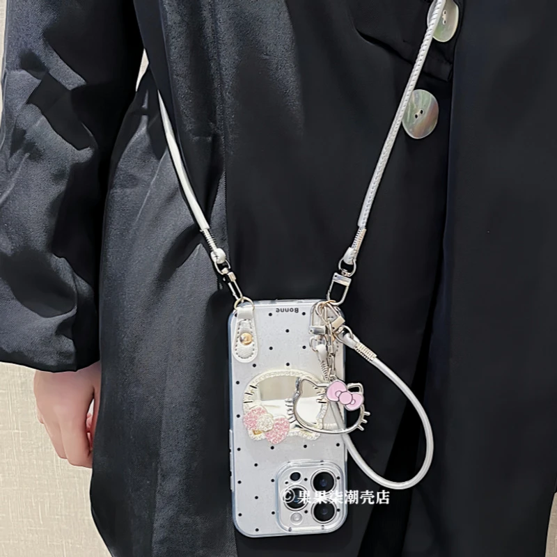 银黑波点闪钻kt镜子适用iPhone16promax手机壳苹果15斜挎17腕带13