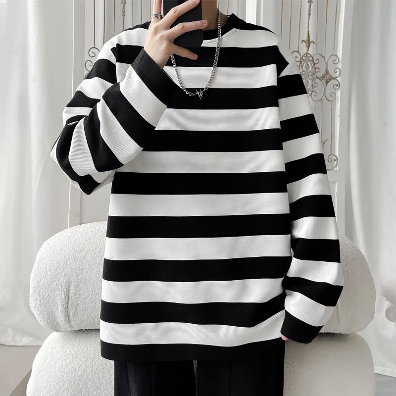 隐匿者2025春季新款长袖T恤男宽松休闲潮流拼接条纹大码圆领上衣