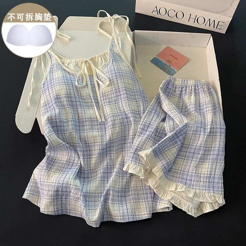 2025年夏季新款带胸垫睡衣女韩系蓝色格子纯欲性感吊带家居服套装