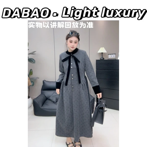 【DABAO大宝】大码女装波点法式赫本风气质收腰显瘦毛呢长款连衣裙