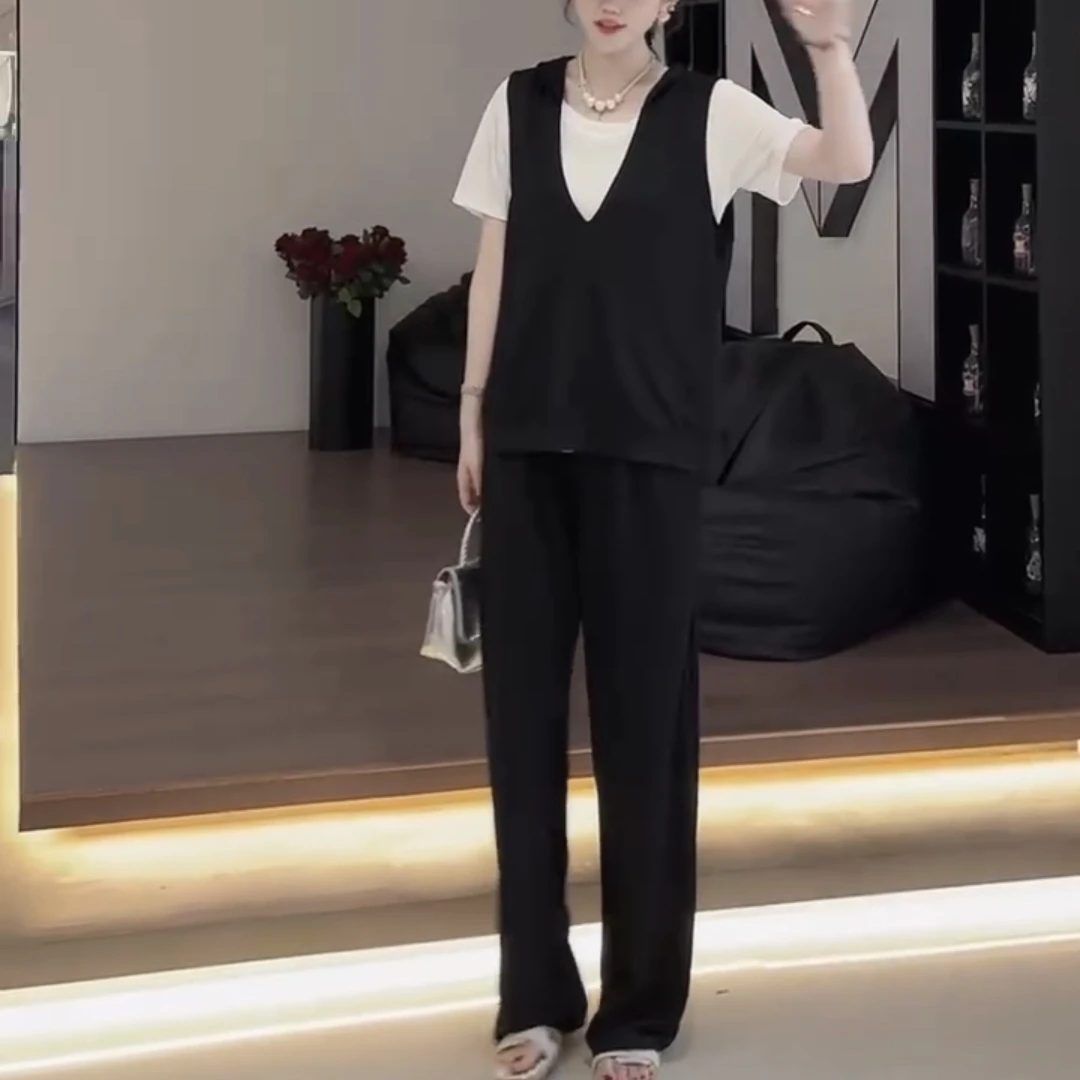 9732-2025年夏季新款时尚洋气显瘦T恤+马甲+裤子三件套