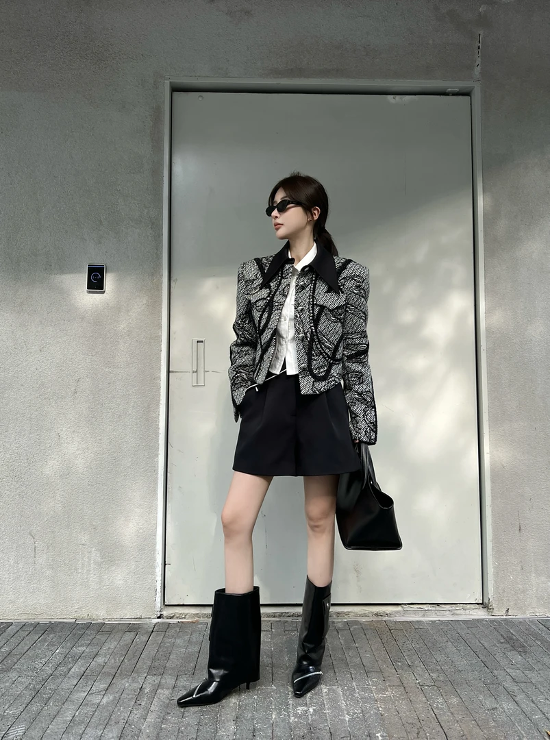 QIANJIE家独立原创小众设计师秋冬翻领不规则条纹小香外套41241