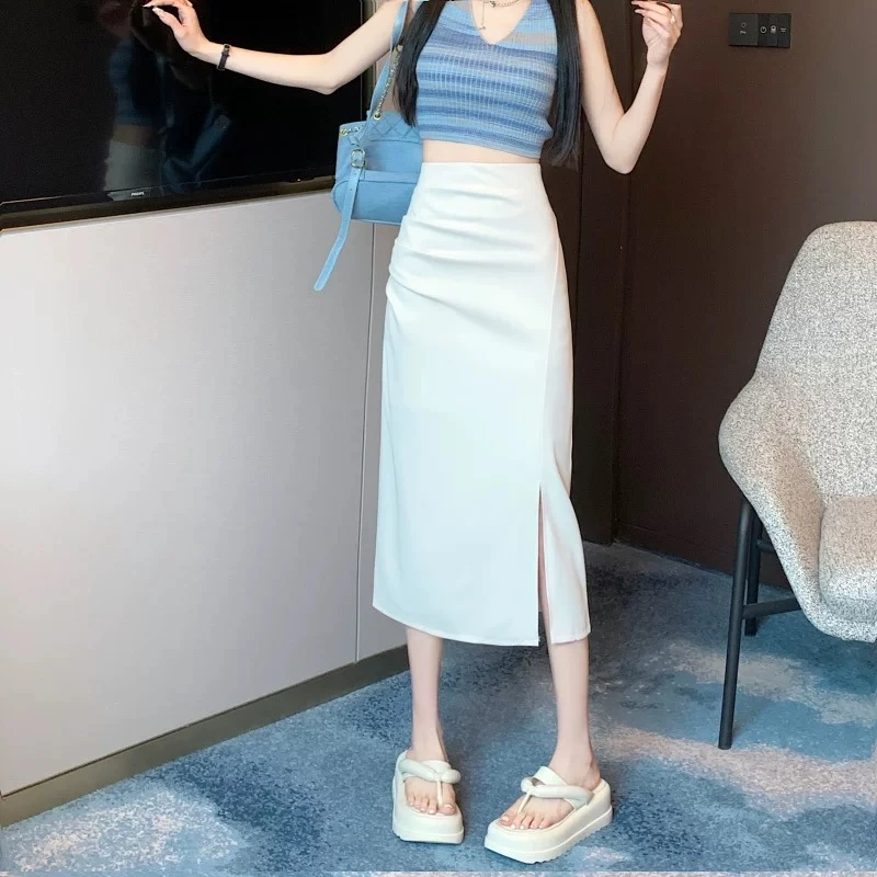880-韩国高腰开叉半身裙女士春夏季小众设计感裙子半裙包臀中长款
