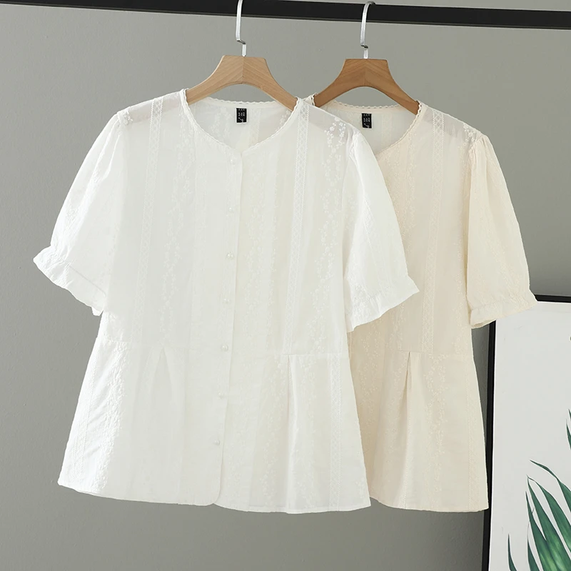 2025女装新款胖妹妹夏装衬衫女花边领绣花大码泡泡袖收腰短袖上衣
