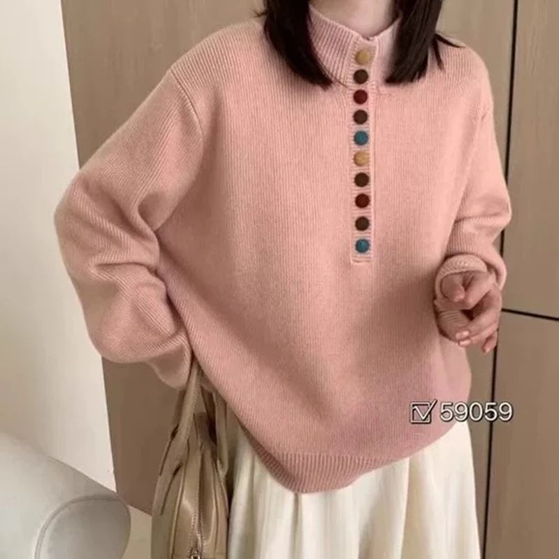 立领彩虹扣宽松软糯长袖套头毛衣秋冬新款气质保暖显瘦绵羊毛毛衣