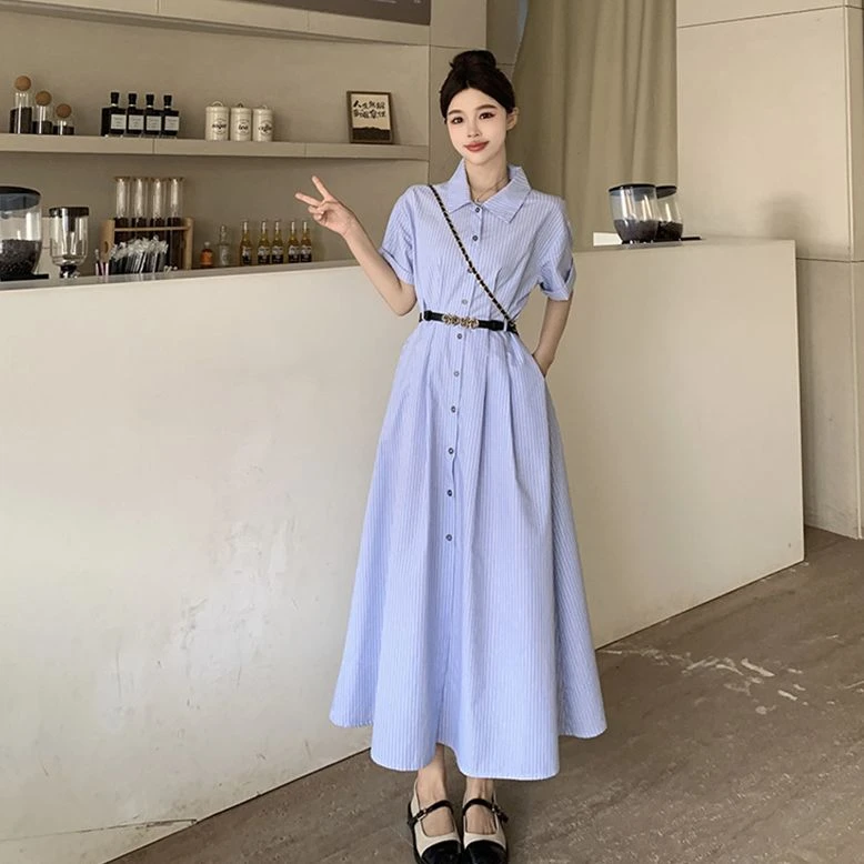 妮宝专属大码夏季新款蓝条纹层次感衬衫裙法式气质连衣裙3310