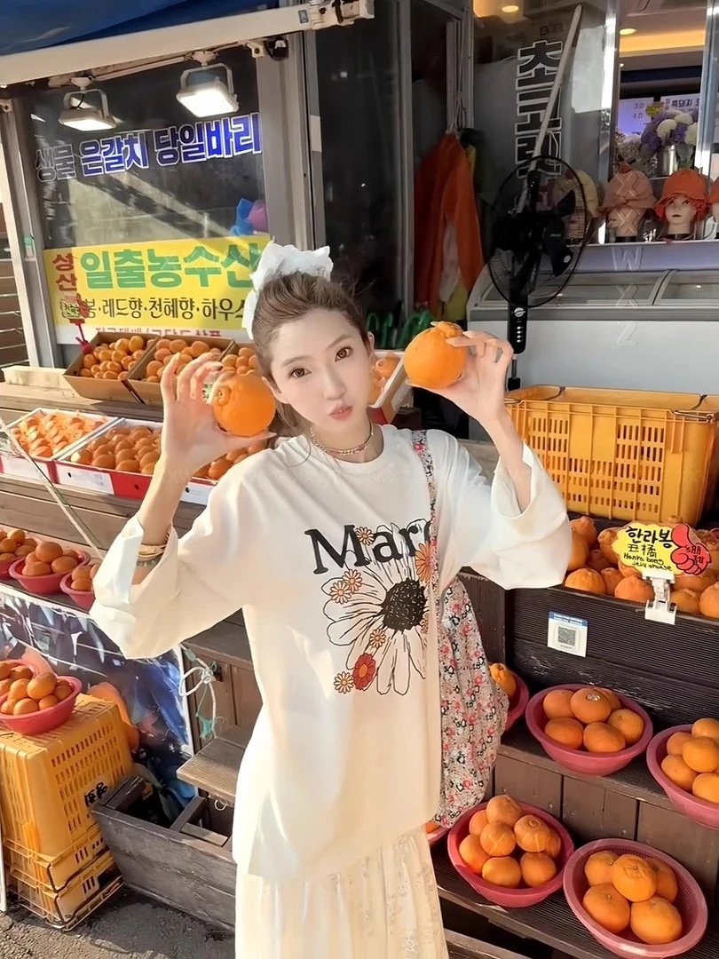 夏季新款防晒罩衫随性休闲风雏菊防晒罩衫宽松圆领长袖T恤女上衣