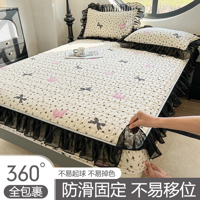 ins公主风新款花边款蝴蝶结夹棉床笠单件四季款床套罩防滑床罩