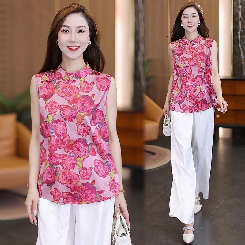 新中式复古盘扣改良无袖旗袍套装女夏新款高级感时尚阔腿裤两件套