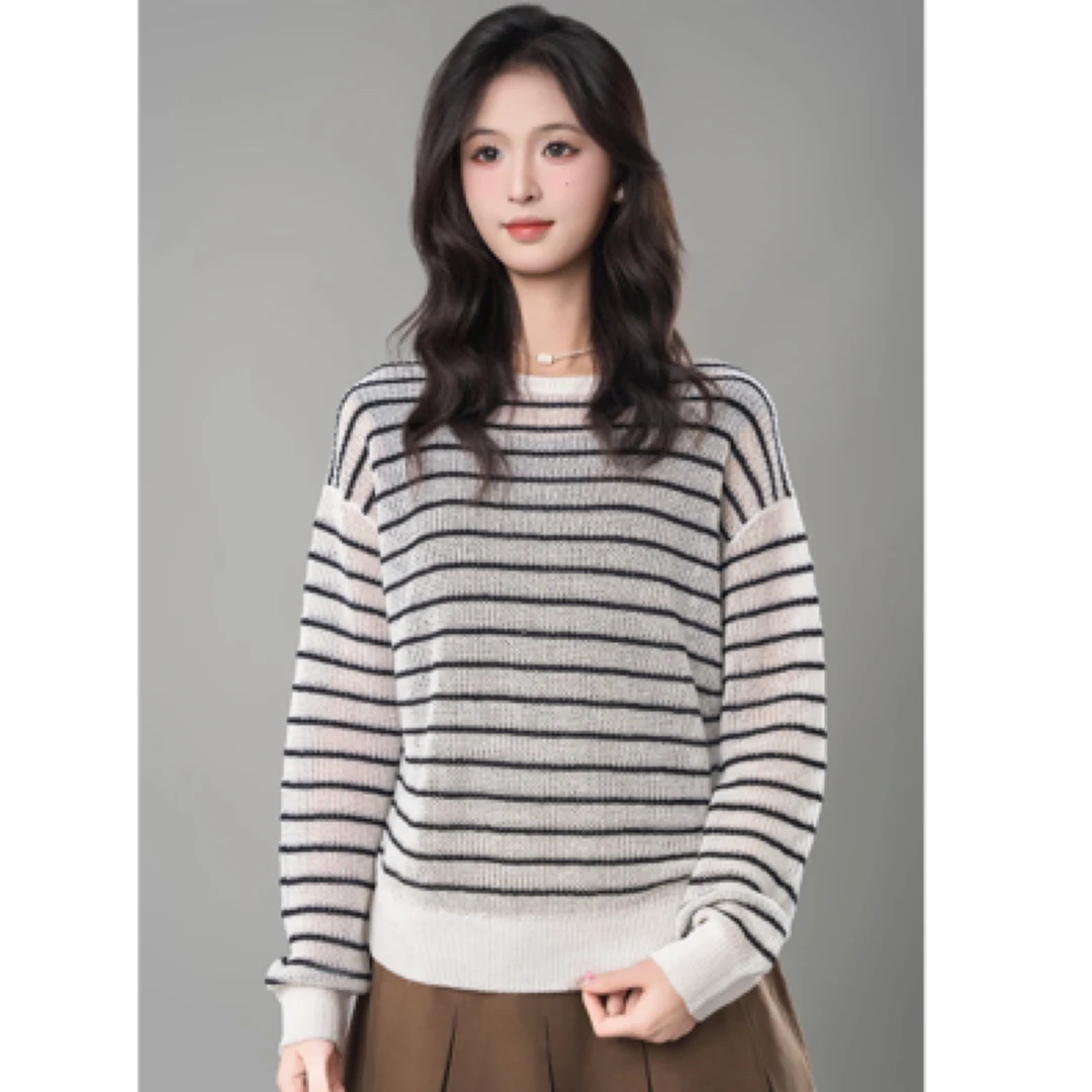 【AMASS/阿玛施】538021早春时尚休闲条纹宽松圆领针织亮片上衣女