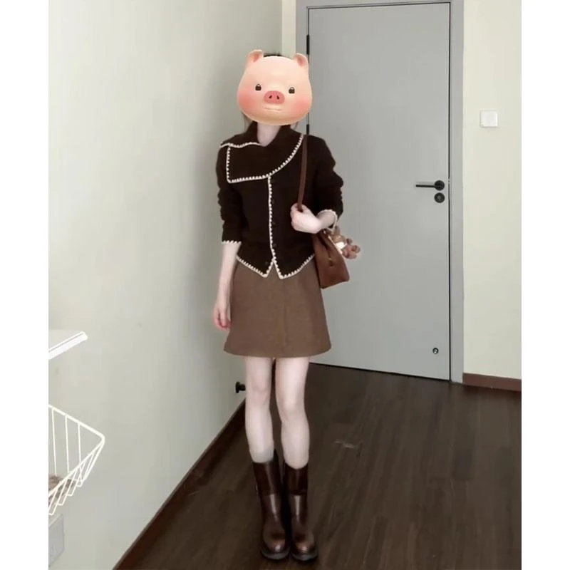 韩系穿搭复古围巾领撞色长袖毛衣针织衫气质高腰显瘦a字裙半身裙