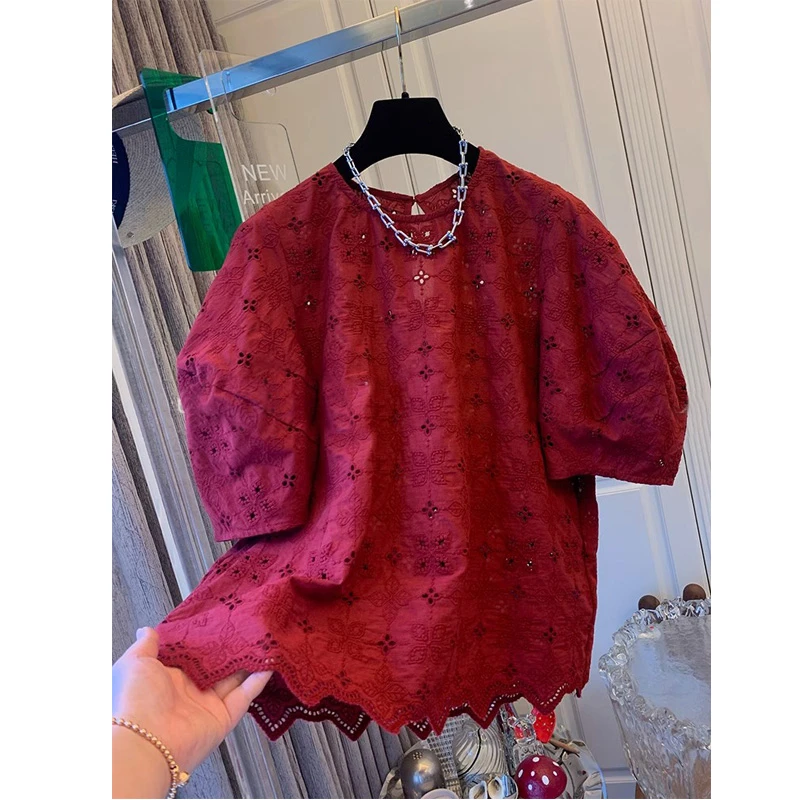 米莱jiaer/夏季法式镂空蕾丝刺绣泡泡袖减龄衬衫上衣女红色娃娃衫