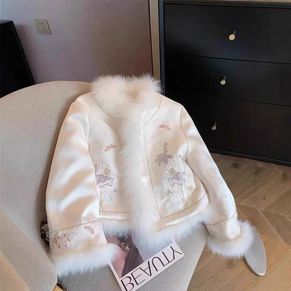 X2523新中式重工刺绣拼仿水貂毛棉服冬2024高端短款保暖夹棉外套