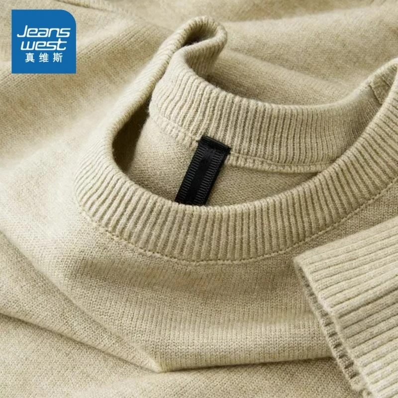 Jeanswest/真维斯秋冬季加绒保暖针织衫男士宽松纯色打底圆领毛衣