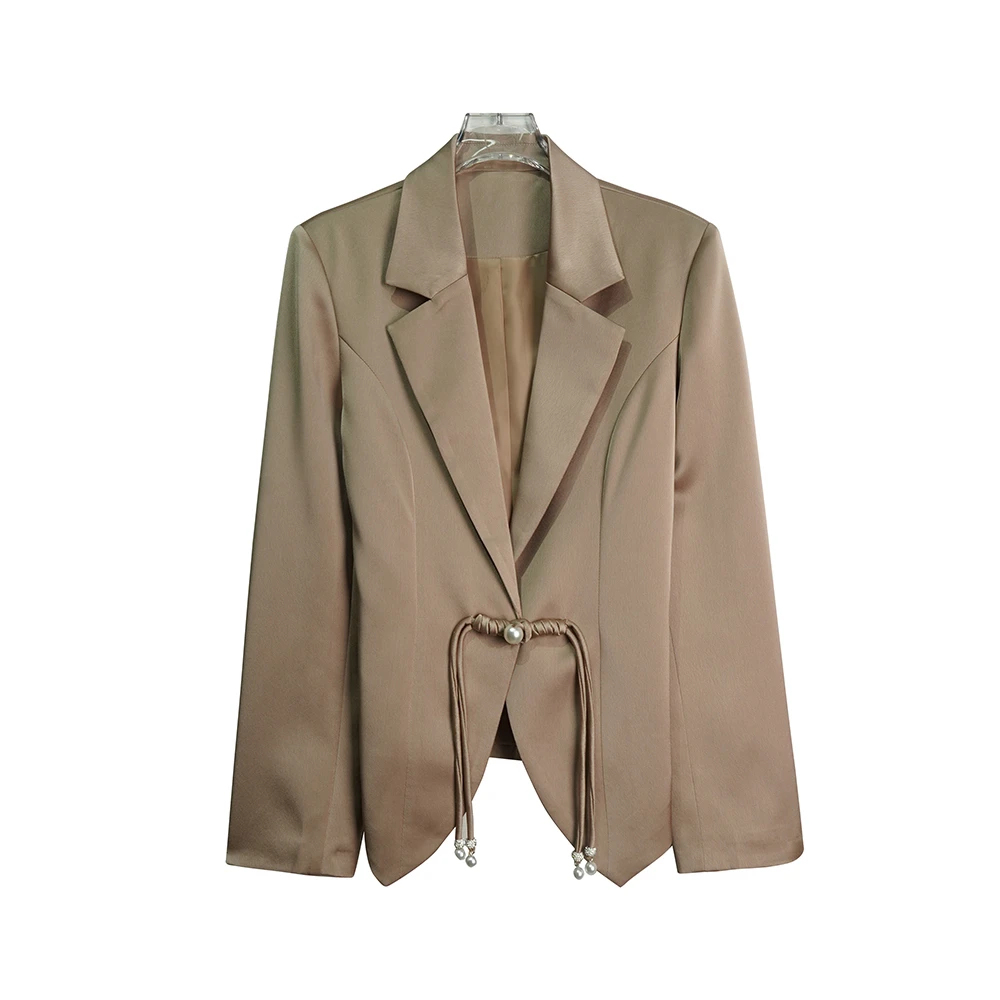 X26100新中式缎面珍珠盘扣v领短款修身显瘦气质外套