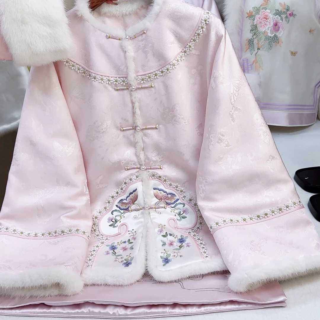 织绣真丝粉色棉服 对襟