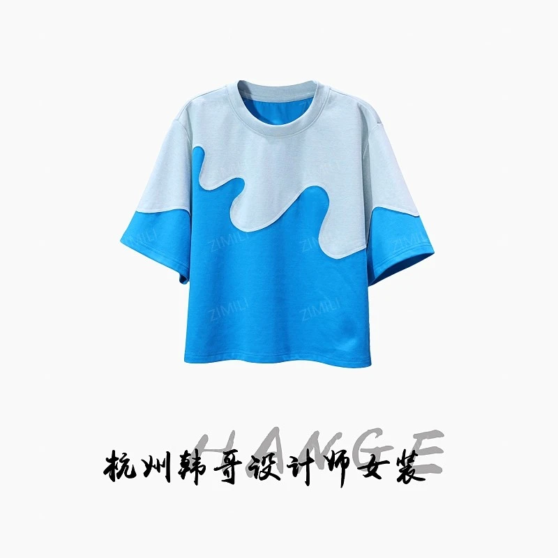 【韩哥女装】2025欧版小众设计师湖水蓝印花高克重短袖6309-B6