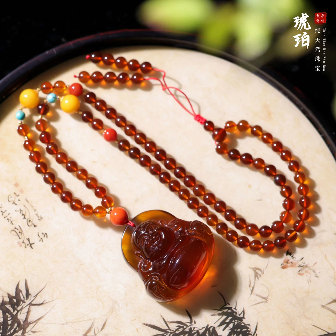 【桃总推荐】18k缅甸琥珀血红茶笑佛项链@@ZY41117001