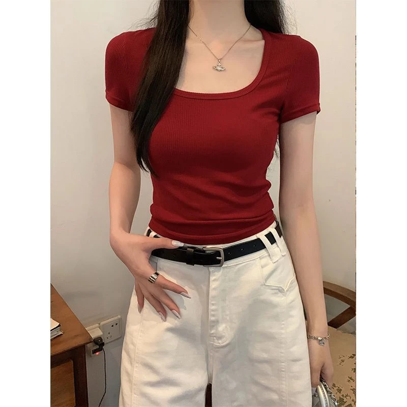 酒红色短袖t恤女2025新款爆款夏季纯色紧身修身高腰方领短款上衣