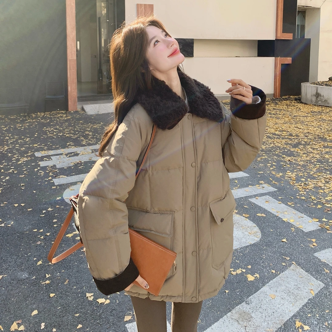 保暖羊羔毛领羽绒服加厚纯色宽松拼接女装慵懒风羽绒服女韩版厚款