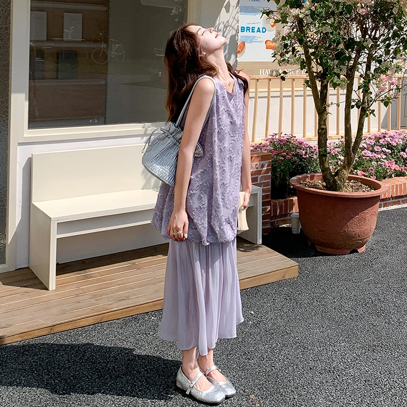 浅紫色韩版温柔风假两件连衣裙女2025年夏季新款高腰显瘦背心长裙