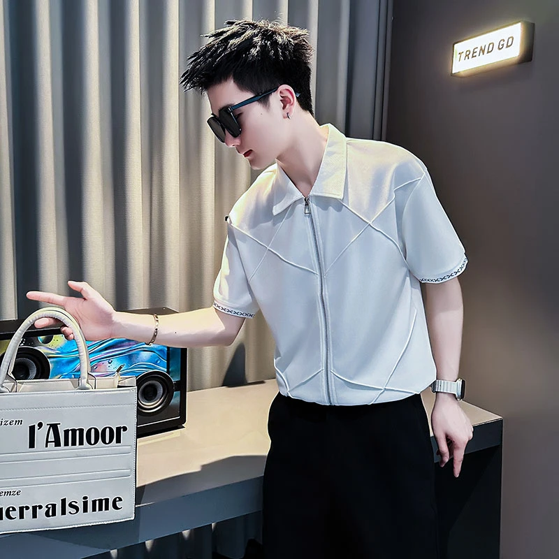 高级感拉链翻领Polo衫2025新款夏季潮牌网红设计感痞帅短袖T恤男