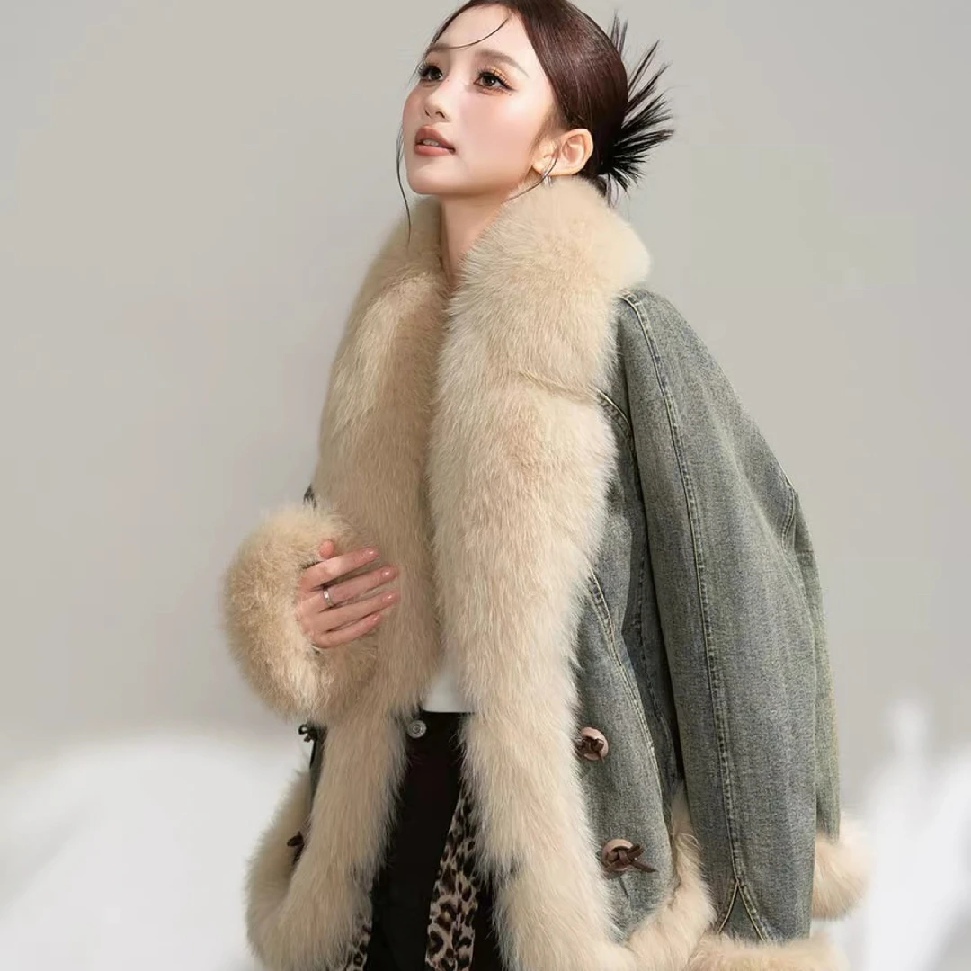 狐狸毛皮草牛仔厚款时尚鹅绒外套